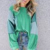 Women's Colorblock Stitching Patchwork Green Buttoned Long Sleeve Top - Image 5