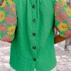 Women's Bright Green Floral Puff Sleeve Ruffled Collar Top - Image 9