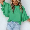 Chic Green Frilly Round Neck Blouse with Wide Half Sleeves for Women - Image 4