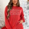 Women's Racing Red Corded MERRY Graphic Long Sleeve Top and Shorts Set - Image 5