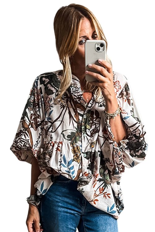 Women's White Floral Print Balloon Sleeve Button Up Casual Shirt