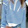 Women's Sky Blue Stripe Zip-Up Collar Drop Shoulder Sweater - Image 2