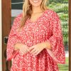 Women's Plus Size Red Floral V Neck Blouse with Flared Bracelet Sleeves - Image 3