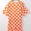 Women's Orange Checkerboard Print V Neck Loose Tee and Shorts Lounge Set - Image 6