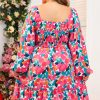 Women's Plus Size Rose Floral Smocked Square Neck Mini Dress - Image 2