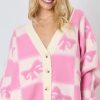 Women's Pink Bowknot Checkered Pattern V Neck Drop Shoulder Button Up Cardigan - Image 6