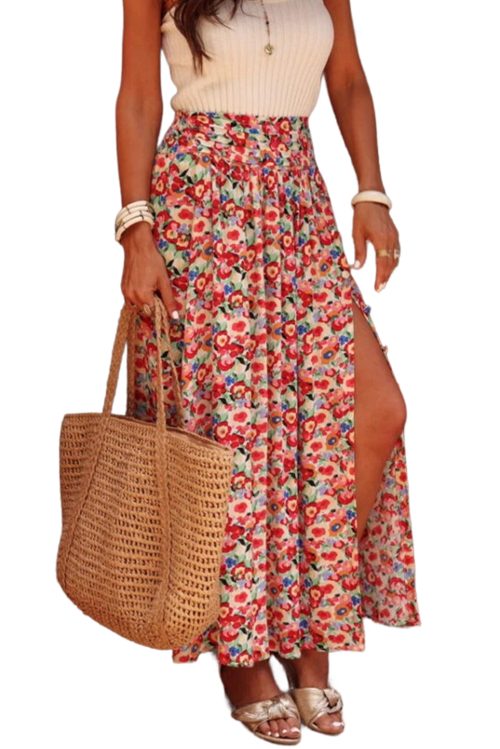 Women's Red Floral Print Maxi Skirt with Wide Waistband and Side Slit