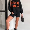 Women's Black Halloween Pumpkin Face Pattern Drop Shoulder Sweater - Image 9