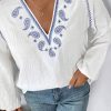 Women's White Paisley Embroidered Textured Split Neck Long Puff Sleeve Blouse - Image 6