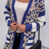 Women's Dark Blue Stripe Sleeve Leopard Print Open Front Cardigan with Pockets - Image 2