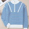 Women's Sky Blue Stripe Zip-Up Collar Drop Shoulder Sweater - Image 5