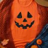 Women's Orange Glittering Pumpkin Face Graphic Crew Neck T-Shirt - Image 3
