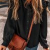 Women's Black Textured Ruffled Trim Buttoned Loose Fit Shirt - Image 2