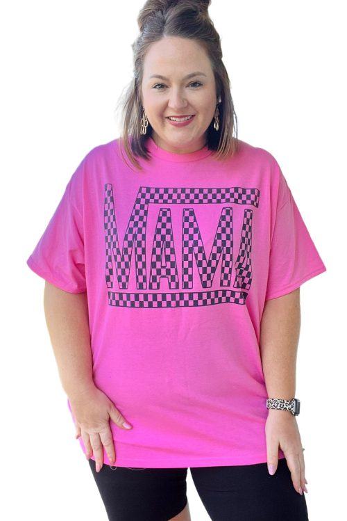 Bright Pink Checker MAMA Letter Printed Graphic Plus Size T-Shirt for Women