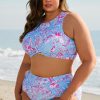 Sky Blue Plus Size Floral Print Twisted High Waist Bikini Set for Women - Image 3