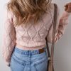 Women's Gossamer Pink Openwork Plaid Puff Sleeve Cropped Sweater - Image 2