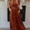 Women's Chestnut Velvet Short Sleeve Tiered Maxi Dress with V Neck - Image 3