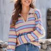 Women's Apricot Stripe Collared V Neck Drop Shoulder Loose Sweater - Cozy & Chic - Image 3