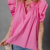 Elegant Sachet Pink Ruffled Sleeve Blouse with Shirred Yoke and Lace-Up V Neck - Image 5