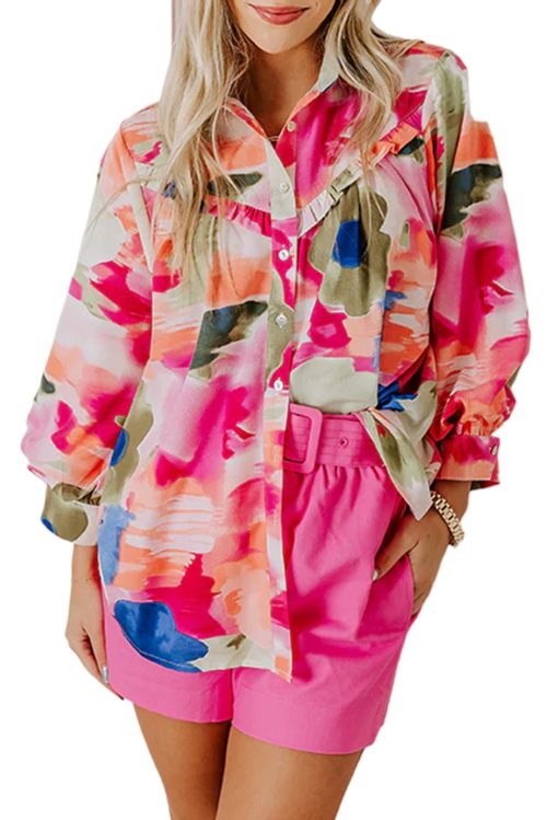 Women's Rose Abstract Print Ruffled Puff Sleeve Shirt