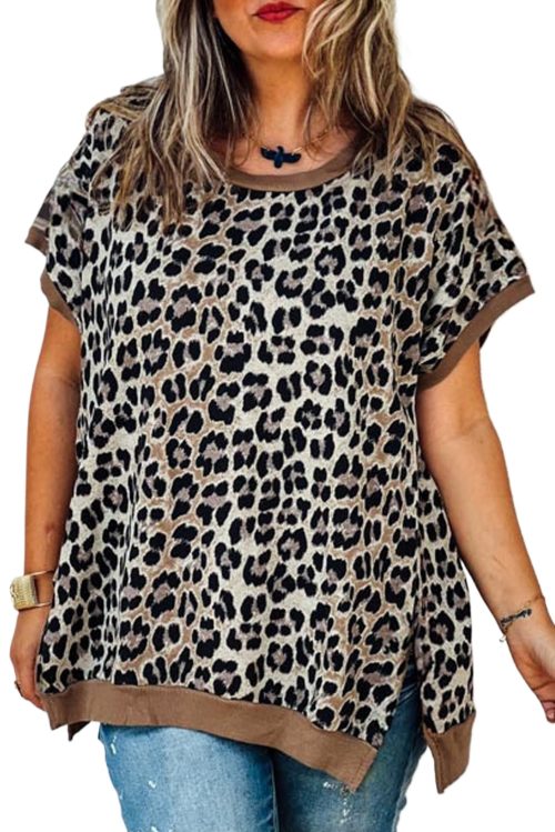 Women's Khaki Leopard Contrast Trim Short Sleeve Loose Plus Size Top