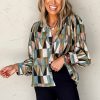 Women's Green Geometric Print Buttoned Balloon Sleeve Loose Fit Shirt - Image 5