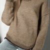 Women's Pale Khaki Contrast Trim Mock Neck Drop Shoulder Sweater - Image 9