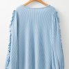 Women's Mist Blue Corded Frilly Puff Sleeve Round Neck Blouse for Casual Elegance - Image 7