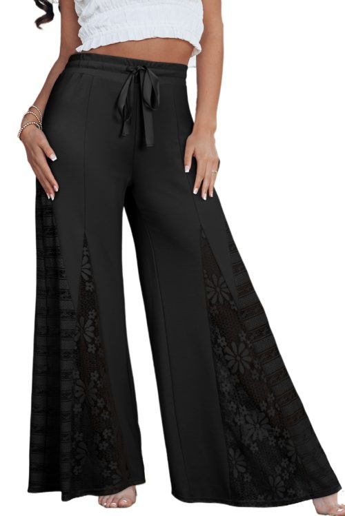 Women's Black Boho Lace Patchwork Wide Leg High Waist Pants - Elegant and Chic