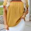 Chic Mustard Geometric Short Puff Sleeve Blouse with Frilled Collar - Image 9