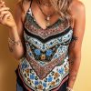 Bohemian Women's Red Mixed Floral Chevron Pattern Dip Hem Spaghetti Straps Tank Top - Image 5