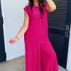 Bright Pink Sleeveless Button Front Wide Leg Jumpsuit for Women - Image 3