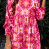 Women's Strawberry Pink Geometric Print Smocked Long Sleeve Mini Dress - Image 2