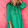 Women's Bright Green Embroidered 3/4 Sleeve V Neck Mini Dress - Image 3