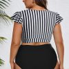 Plus Size Black Stripe 2-Piece Knot Cutout Ruffle Sleeve Swimsuit - Image 2