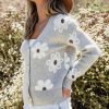 Women's Light Grey Floral Print V Neck Knitted Button Up Cardigan - Image 3