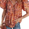 Women's Orange Floral Print Ruffled Flutter Sleeve Frilled V Neck Blouse - Image 6