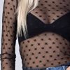 Women's Black Star Print Mesh Sheer Slim Long Sleeve Top for Night Out - Image 2