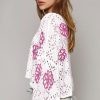 Women's White Contrast Floral Print Eyelet Drop Shoulder Sweater - Image 5