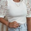 Women's Elegant White Lace Floral Patchwork Ribbed Knit Half Sleeve T-Shirt - Image 2