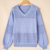 Women's Sky Blue V Neck Drop Shoulder Sweater with Eyelet Pattern Detail - Image 8