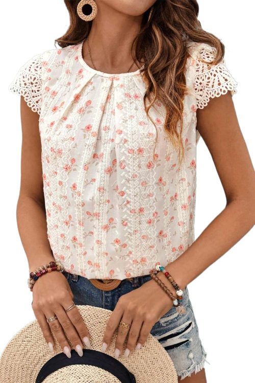 Women's Pink Floral Print Crochet Cap Sleeve Blouse with Embroidery Detail