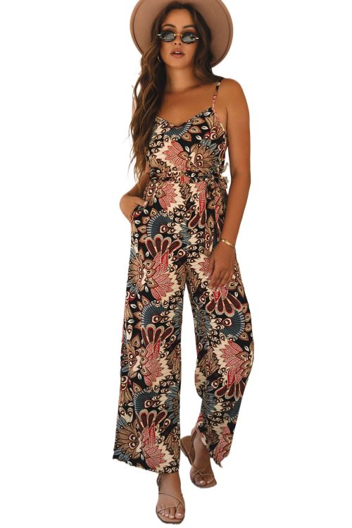 Women's Black Floral Print Belted Sleeveless Wide Leg Jumpsuit for Summer