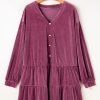 Plus Size Velvet Meadow Mauve Tiered Buttons Dress with V Neck - Image 7