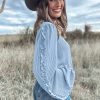 Women's Mist Blue Corded Frilly Puff Sleeve Round Neck Blouse for Casual Elegance - Image 2