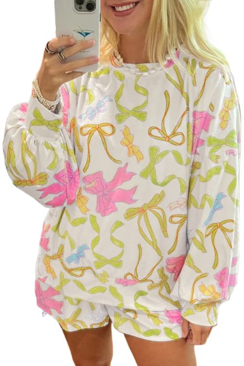 Women's Multicolour Bowknot Pattern Long Sleeve Top and Shorts Set