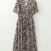 Women's Khaki Leopard V Neck Cinched High Waist Open Back Maxi Dress - Image 8