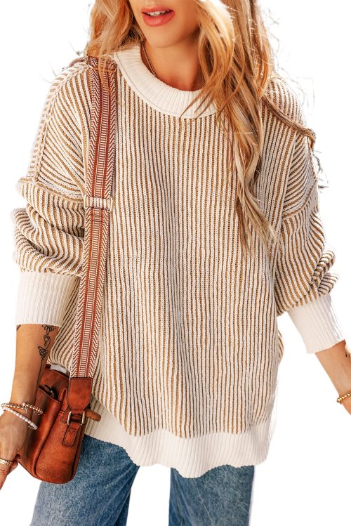 Women's Chestnut Striped Textured Knit Contrast Edge Loose Sweater