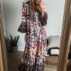 Women's Pink Western Leopard Printed 3/4 Sleeve Buttoned Front Tiered Maxi Dress - Image 7