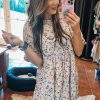 Women's Beige Floral Puff Short Sleeve Empire Waist Mini Dress for Summer - Image 7